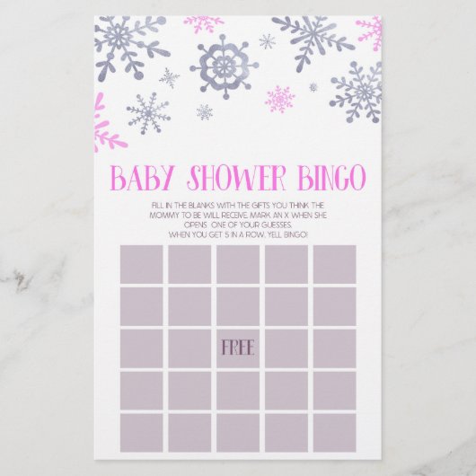 Pink Snowflake Winter Bingo Baby Showspiel Briefpapier (Vorderseite)