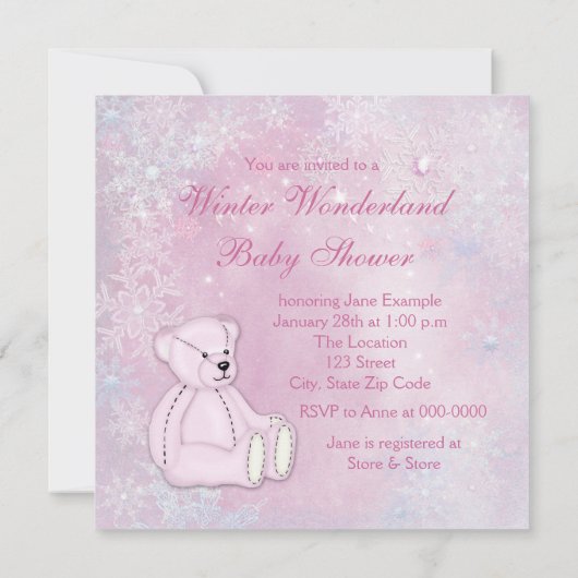 Pink Snowflake Winter Wonderland Babydusche Einladung (Rückseite)