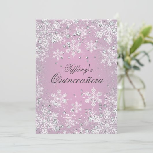 Pink Snowflake Winter Wonderland Quinceanera Einladung (Stehend Vorderseite)