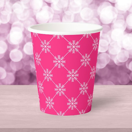 Pink Snowflakes Diagonal Square Muster Pappbecher