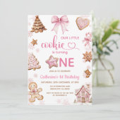 Pink Snowflakes Gingerbread Christmas 1st Birthday Einladung (Stehend Vorderseite)