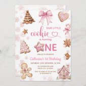 Pink Snowflakes Gingerbread Christmas 1st Birthday Einladung (Vorne/Hinten)