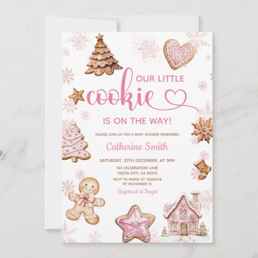 Pink Snowflakes Gingerbread Christmas Baby Shower Einladung (Vorderseite)