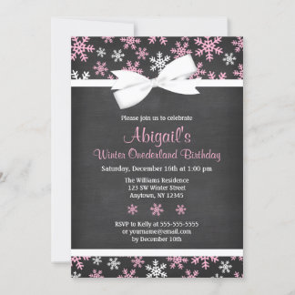 Pink Snowflakes Winter Onederland Chalkboard Bow Einladung