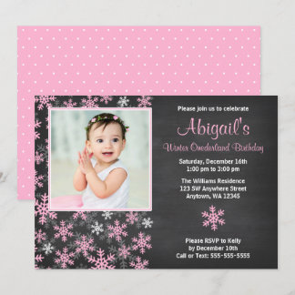 Pink Snowflakes Winter Onederland Chalkboard Foto Einladung