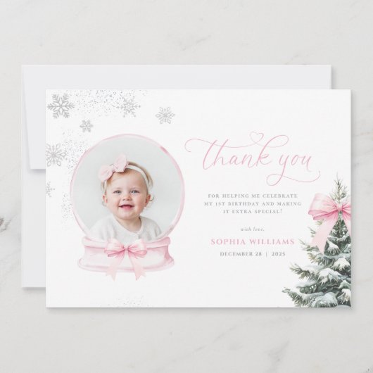 Pink Snowglobe Winter Onederland First Birthday Th Dankeskarte (Vorderseite)