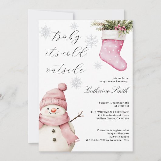 Pink Snowman “Baby It’s Cold Outside” Baby Shower Einladung (Vorderseite)
