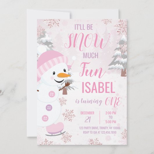 Pink Snowman Birthday Einladung (Vorderseite)