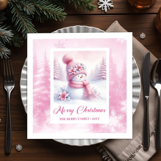 Pink Snowman Christmas Scene Napkins Winter Forest Serviette