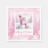 Pink Snowman Christmas Scene Napkins Winter Forest Serviette (Vorderseite)