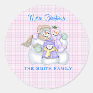 Pink Snowman Family Custom Weihnachtsfeiertag Runder Aufkleber