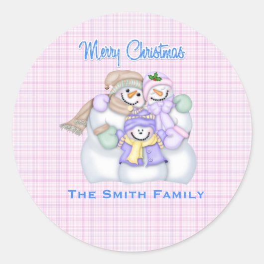 Pink Snowman Family Custom Weihnachtsfeiertag Runder Aufkleber (Vorderseite)