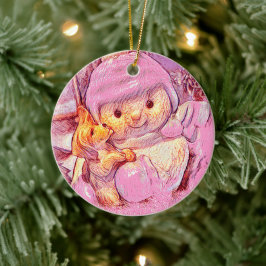 Pink Snowman Girl and Dog Custom Christmas Keramik Ornament