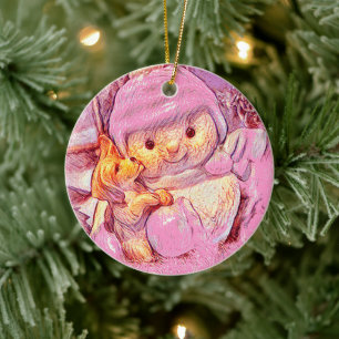 Pink Snowman Girl and Dog Custom Christmas Keramik Ornament