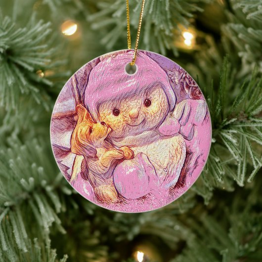 Pink Snowman Girl and Dog Custom Christmas Keramik Ornament (Baum)