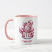 Pink Snowman Holding Sweet Heart Weihnachten Tasse (Links)