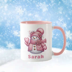Pink Snowman Holding Sweet Heart Weihnachten Tasse