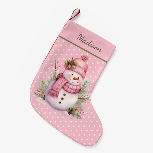 Pink Snowman Polka Dot Custom Christmas Strumpf Kleiner Weihnachtsstrumpf (Vorderansicht (hängend))
