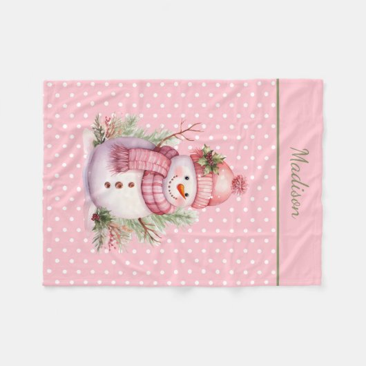 Pink Snowman Polka Dot Custom Fleece Blanket (Vorderseite (Horizontal))