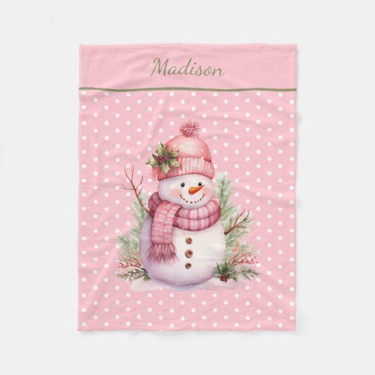 Pink Snowman Polka Dot Custom Fleece Blanket (Vorderseite)