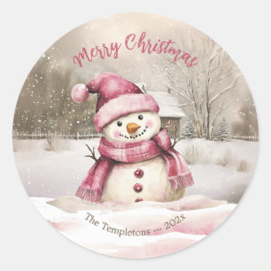 Pink Snowman Vintage Weihnachten Runder Aufkleber