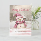 Pink Snowman Vintage Weihnachtsfeiertag Karte (Stehend Vorderseite)