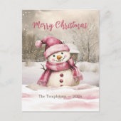 Pink Snowman Vintage Weihnachtskarte Feiertagspostkarte (Vorderseite)