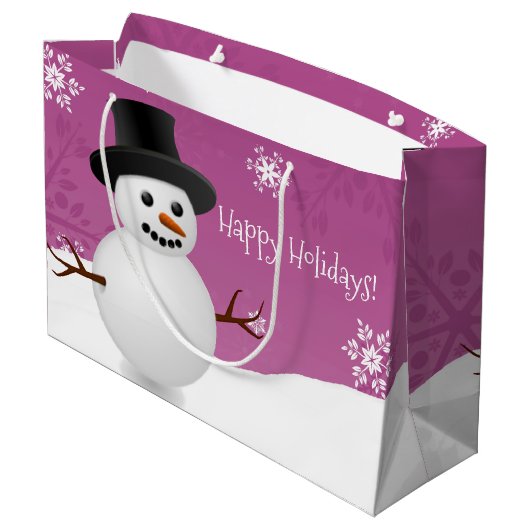 Pink Snowman Winterlandschaft Weihnachtsgeschenk B Große Geschenktüte (Rückseite Schrägansicht)