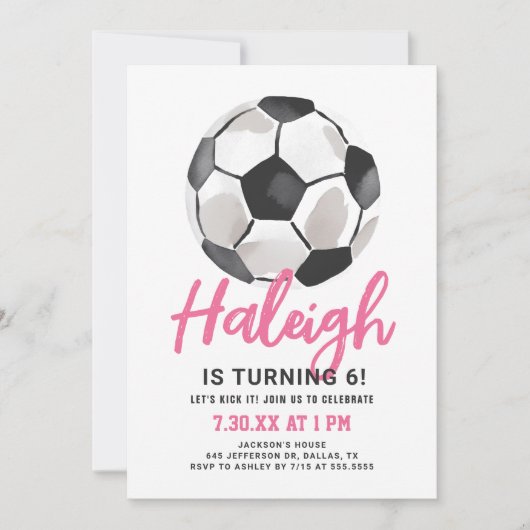 Pink Soccer Girl zum Geburtstag Einladung (Vorderseite)