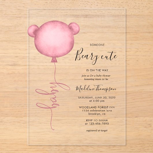 Pink Someone Beary Niedlich Balloon Babydusche Acryleinladungen (Vorderseite)