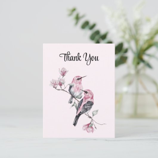 Pink Songbirds auf einem Baumzweig Vielen Dank Postkarte (Stehend Vorderseite)