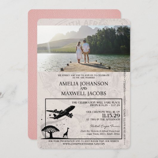 Pink South Africa Passport Wedding Einladung (Vorne/Hinten)