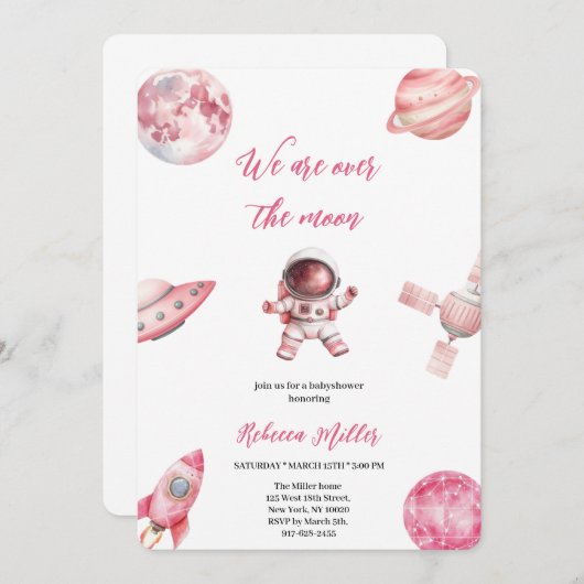PINK SPACE BABYSHOWER EINLADUNG (Vorne/Hinten)