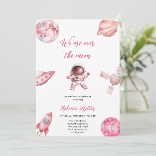 PINK SPACE BABYSHOWER EINLADUNG (Stehend Vorderseite)
