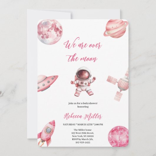 PINK SPACE BABYSHOWER EINLADUNG (Vorderseite)