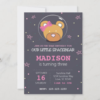 Pink Space Bär Geburtstagsparty Einladung