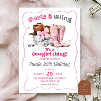 Pink Space Cowgirl Stiefel und Bling Geburtstag Einladung