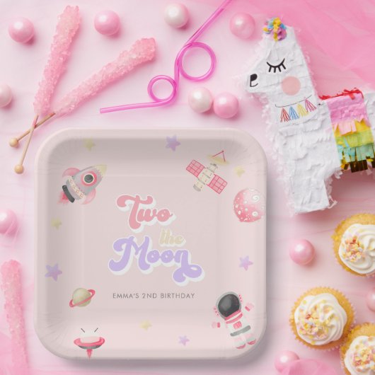 Pink Space Two the Moon Birthday Pappteller (Party)