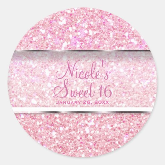 Pink Sparkle Glitzer Glam Sweet 16 Gastgeschenk Runder Aufkleber (Vorderseite)