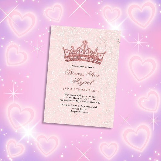 Pink & Sparkle mit Glittery Crown Geburtstag Einladung