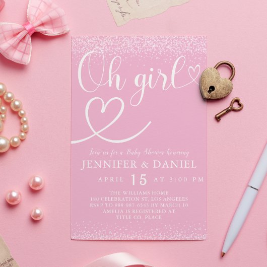 Pink Sparkle Oh Girl Script Heart Cute Einladung