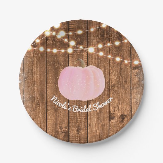 Pink Sparkle Pumpkin Herbst Rustikale Holzleuchten Pappteller (Vorderseite)