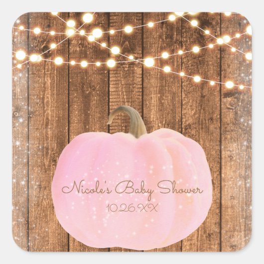 Pink Sparkle Pumpkin Herbst Rustikale Holzleuchten Quadratischer Aufkleber (Vorderseite)