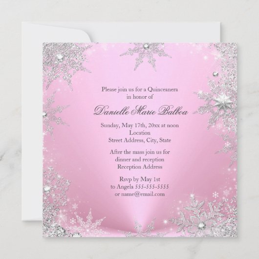 Pink Sparkle Snowflake Quinceanera Einladung (Rückseite)