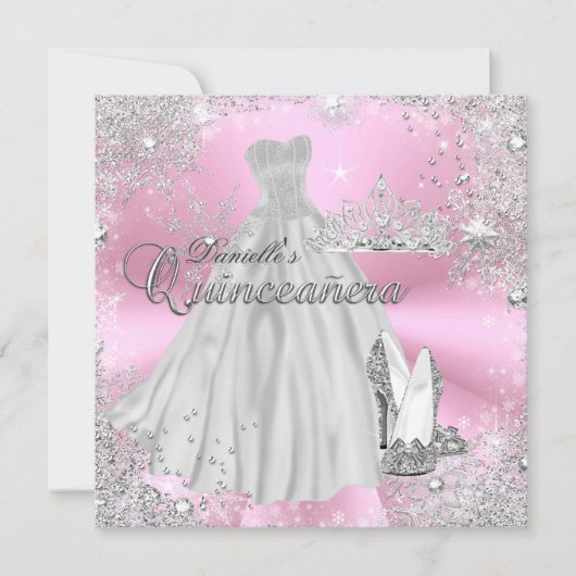 Pink Sparkle Snowflake Quinceanera Einladung (Vorderseite)