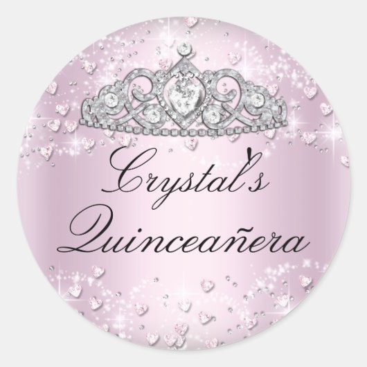 Pink Sparkle Tiara & Hearts Quinceanera Sticker (Vorderseite)