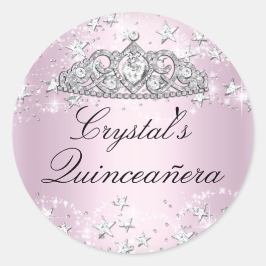 Pink Sparkle Tiara Stars Quinceanera Sticker (Vorderseite)