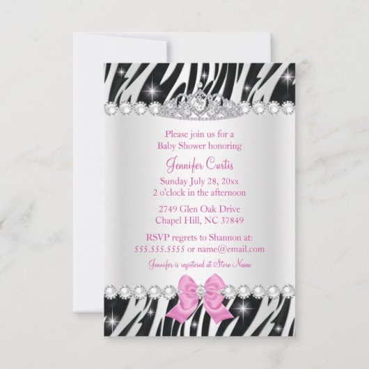 Pink Sparkle Zebra Princess Tiara Baby Dusche Einladung (Rückseite)