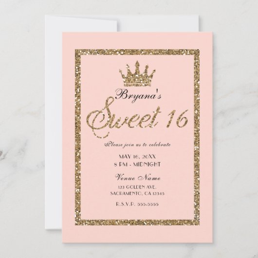 Pink Sparkly Gold Glitter Sweet 16 Princess Crown Einladung (Vorderseite)