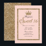 Pink Sparkly Gold Glitter Sweet 16 Princess Crown Einladung<br><div class="desc">Anpassen an Ihr Ereignis</div>